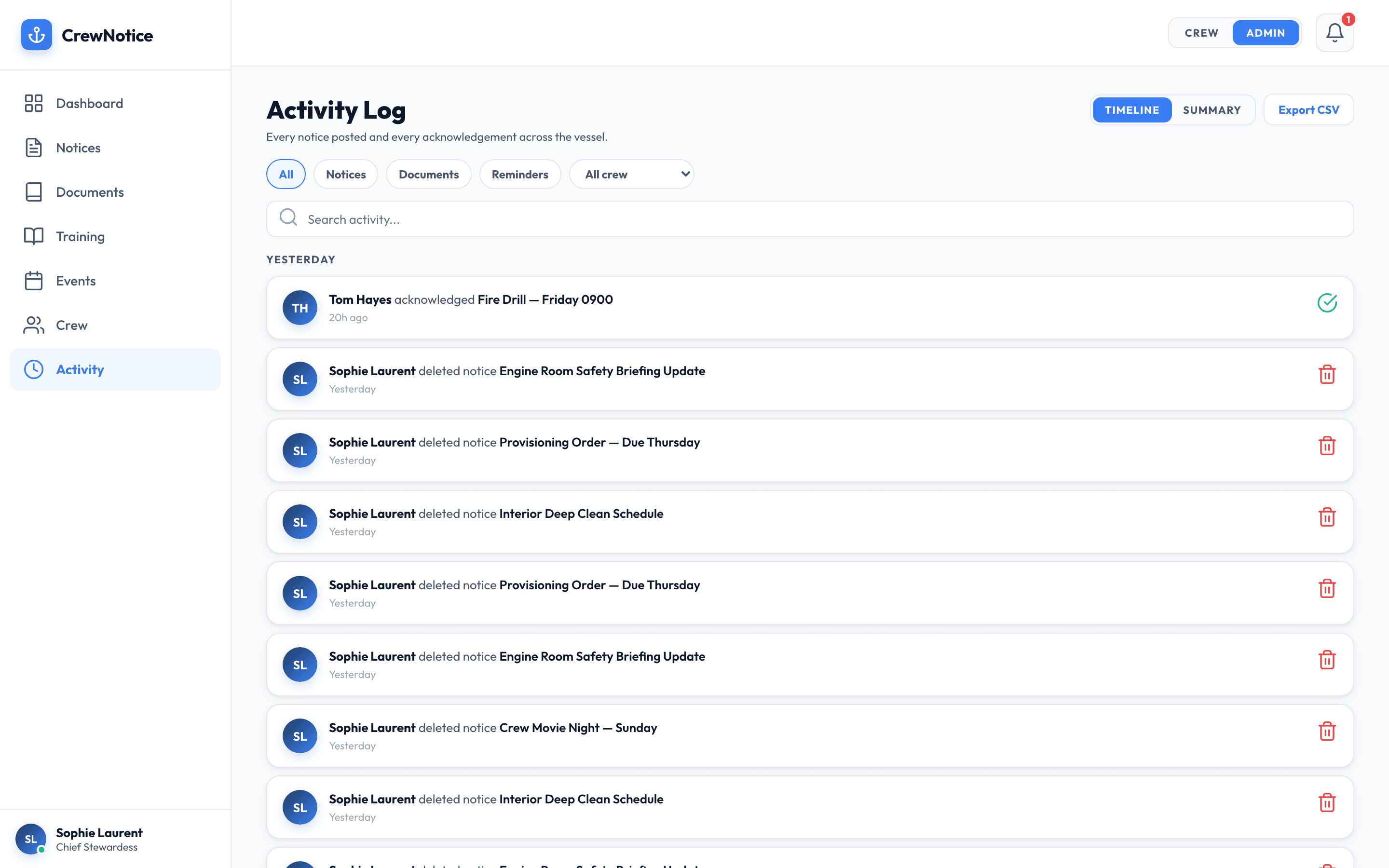Activity log showing timestamped crew actions with filtering and CSV export