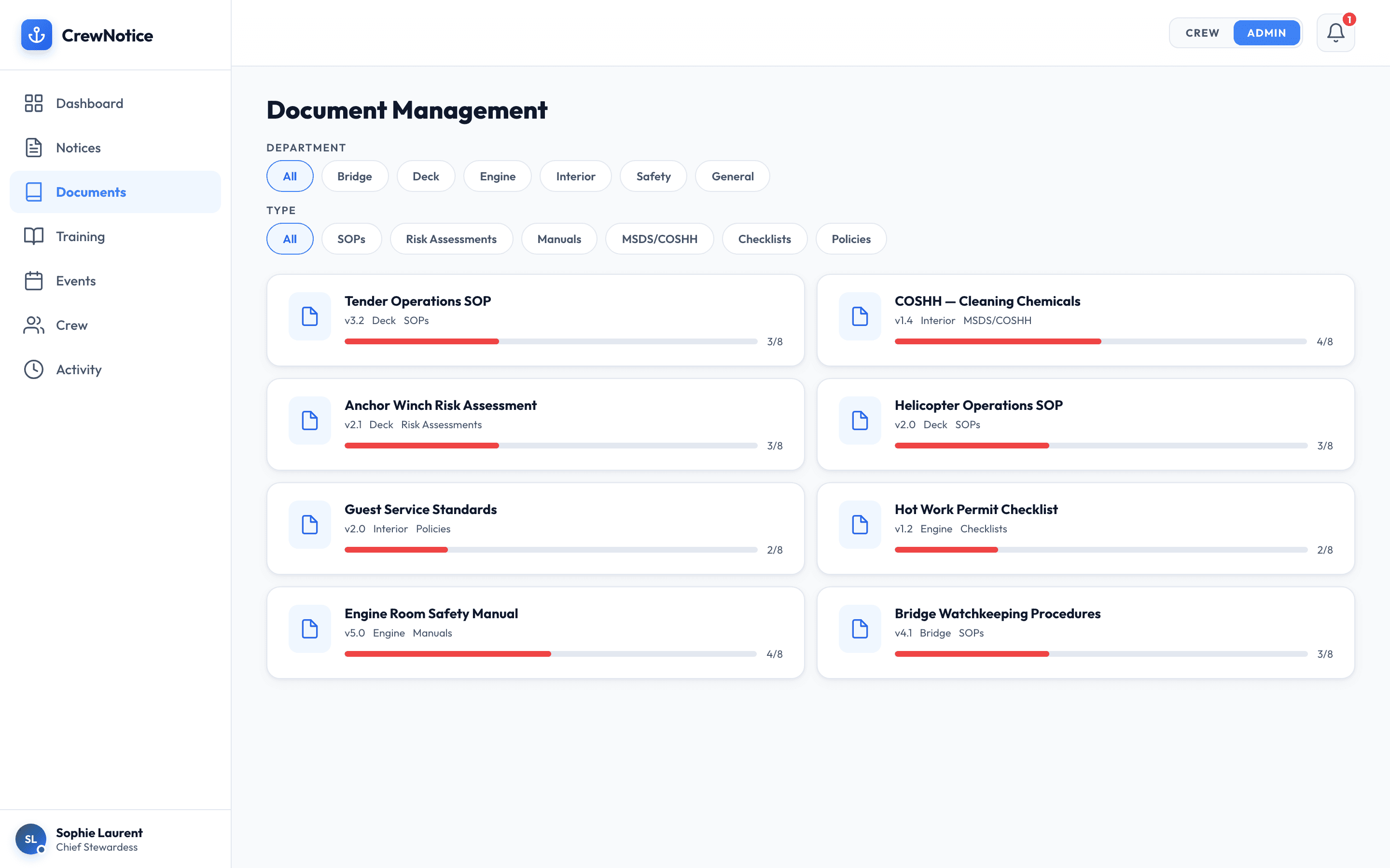 Document library with department and type filters, version numbers, and acknowledgement progress