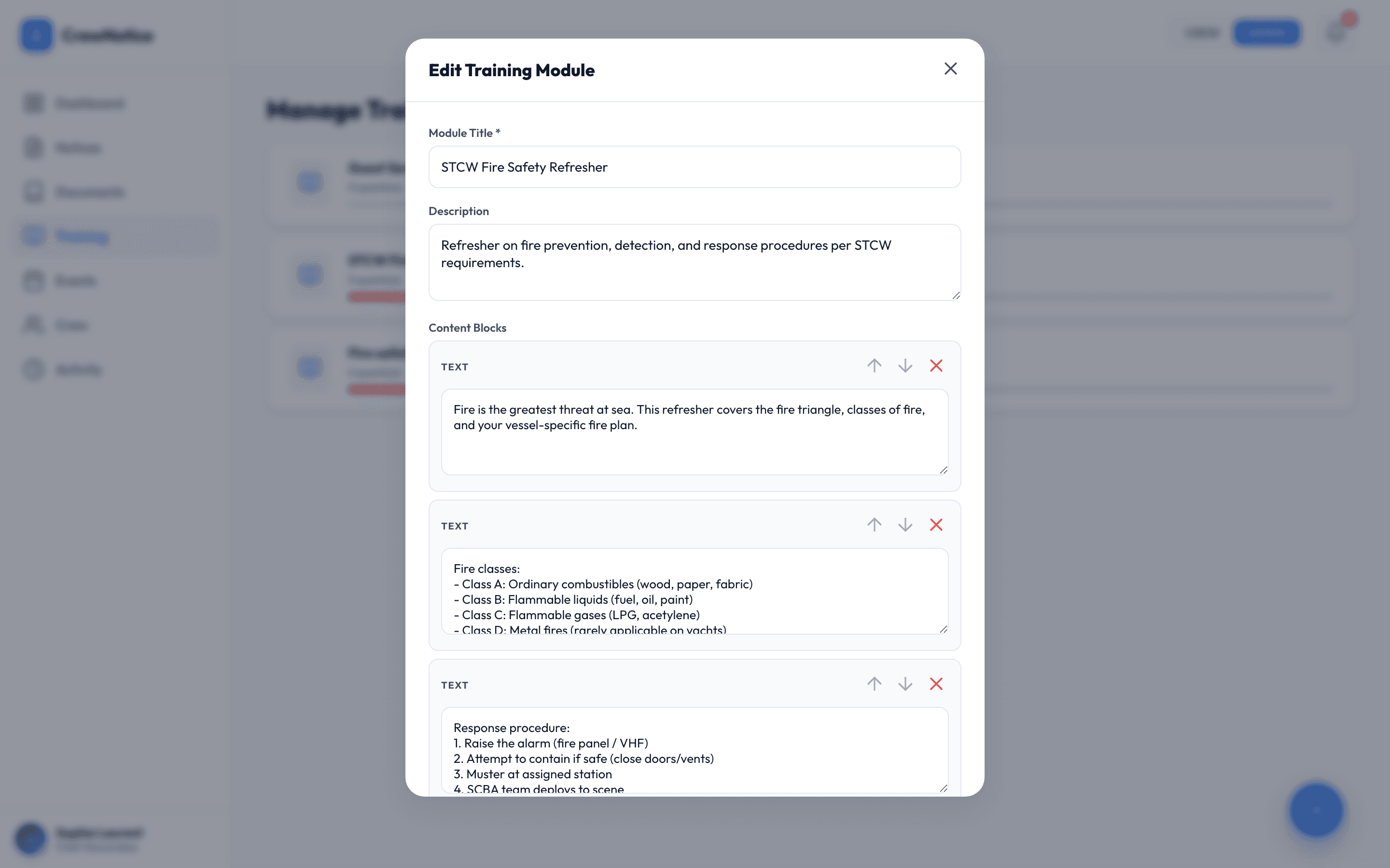 Training module editor with title, description, and drag-and-drop content blocks