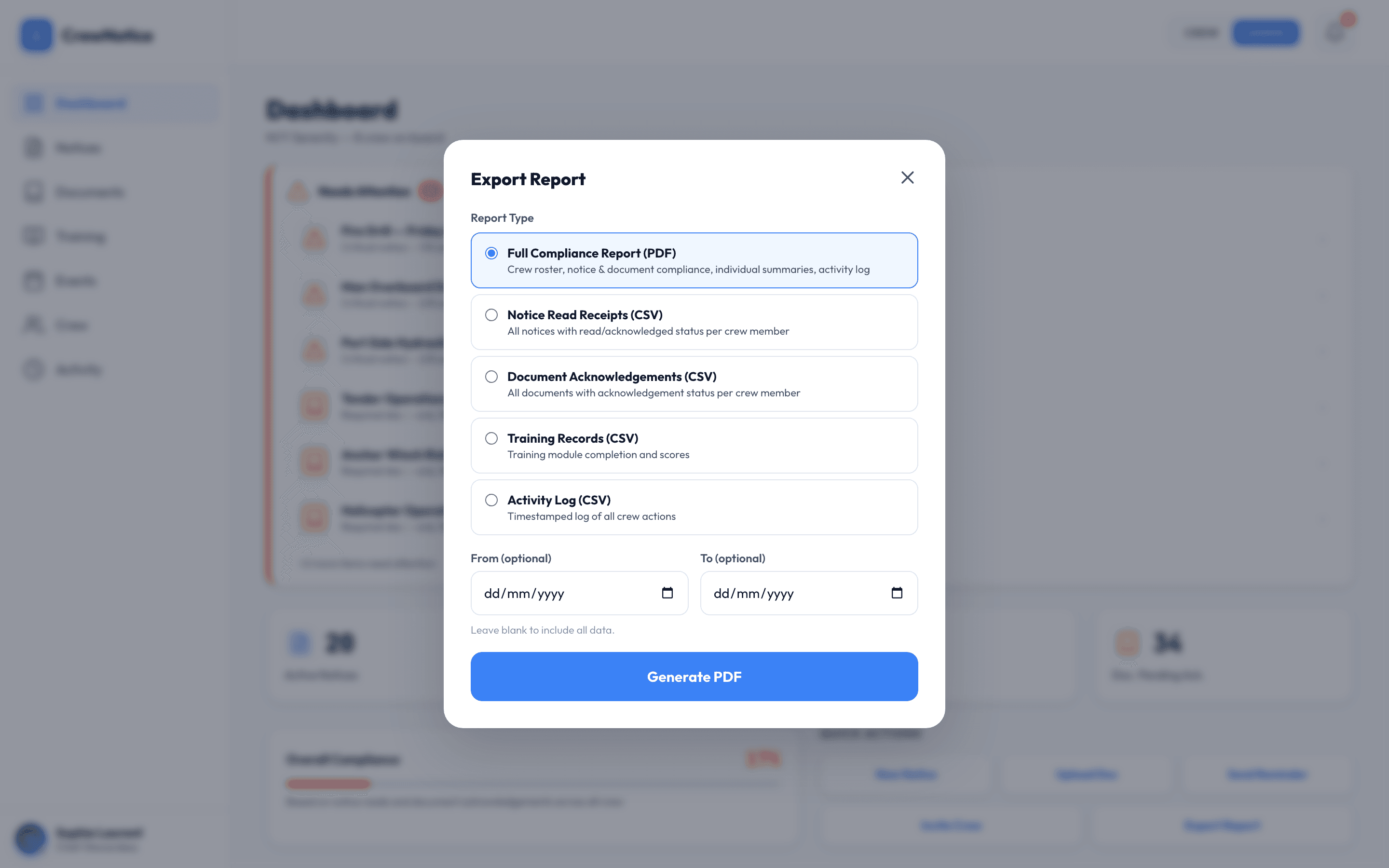 Export report dialog with PDF and CSV options for compliance, notices, and training records