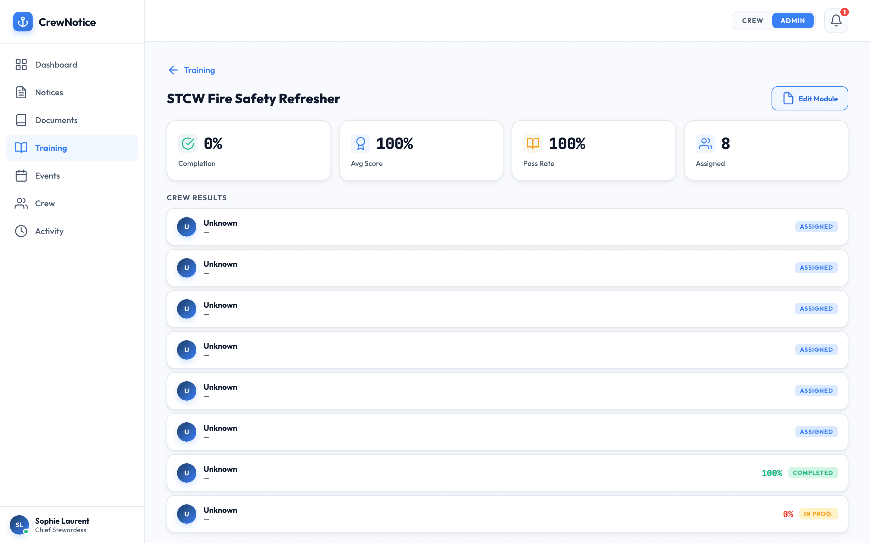 Training module detail showing completion stats, pass rate, and per-crew results
