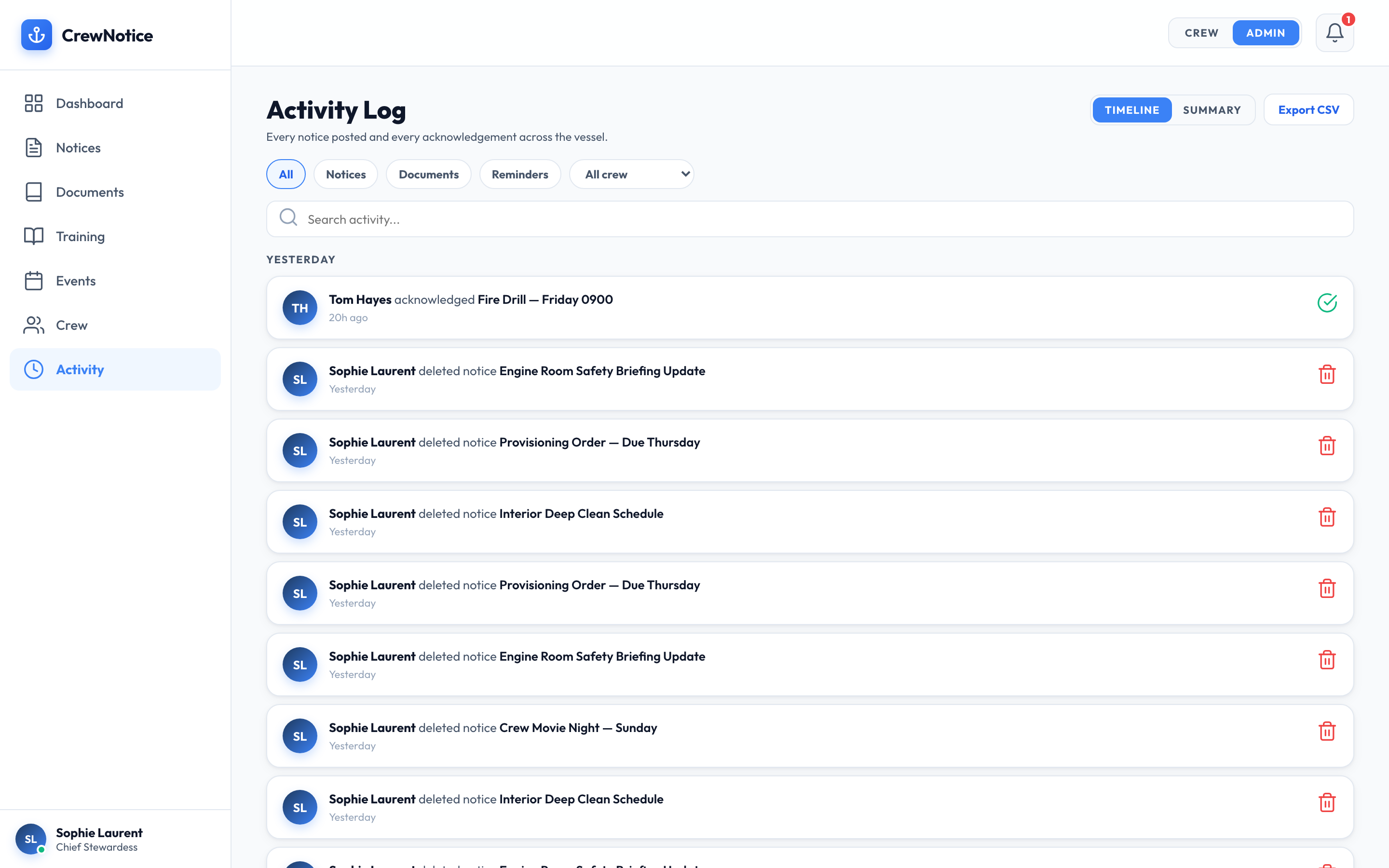 Activity log showing timestamped crew actions with filtering and CSV export
