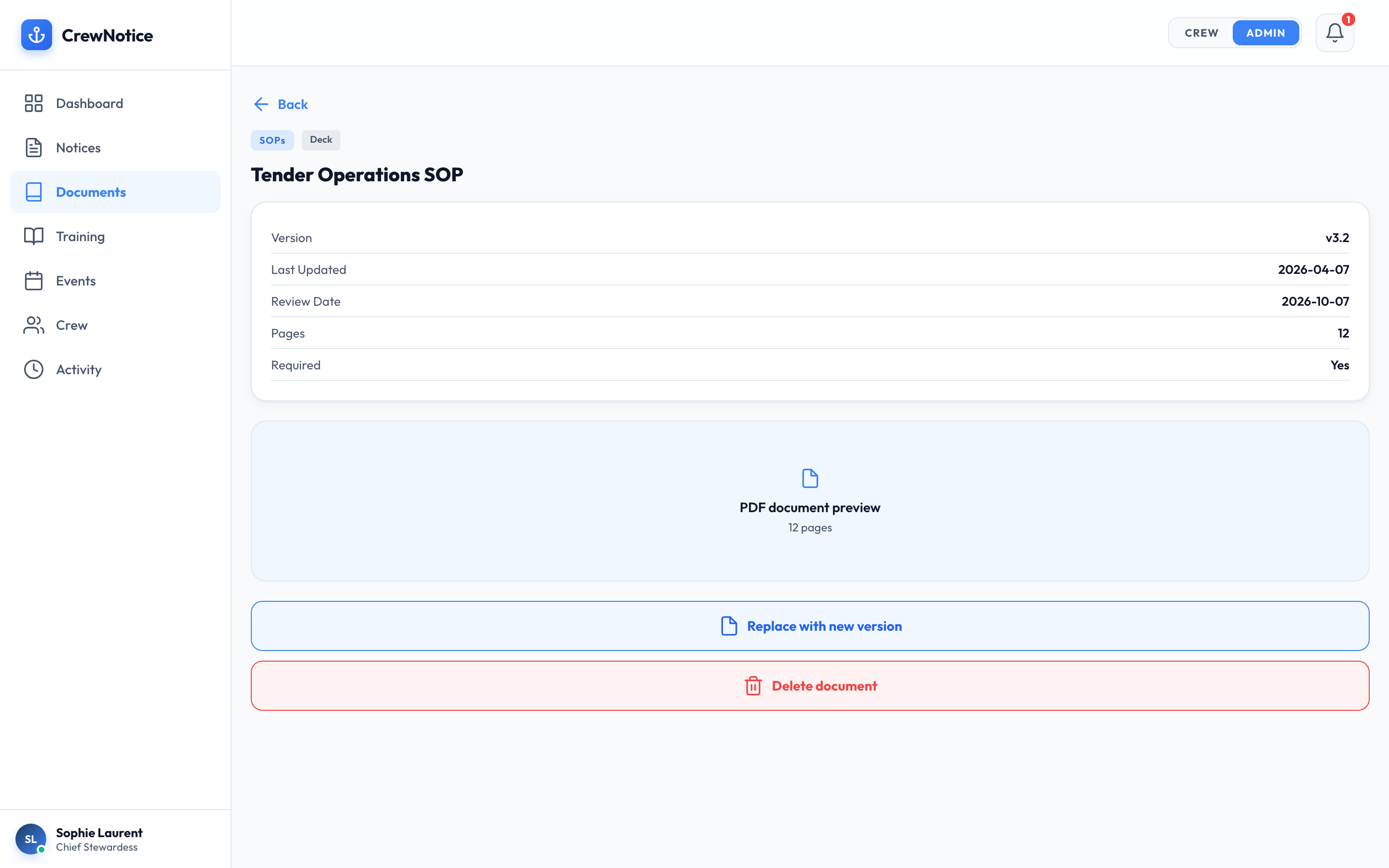 Document acknowledgement dashboard with per-crew status and progress bars