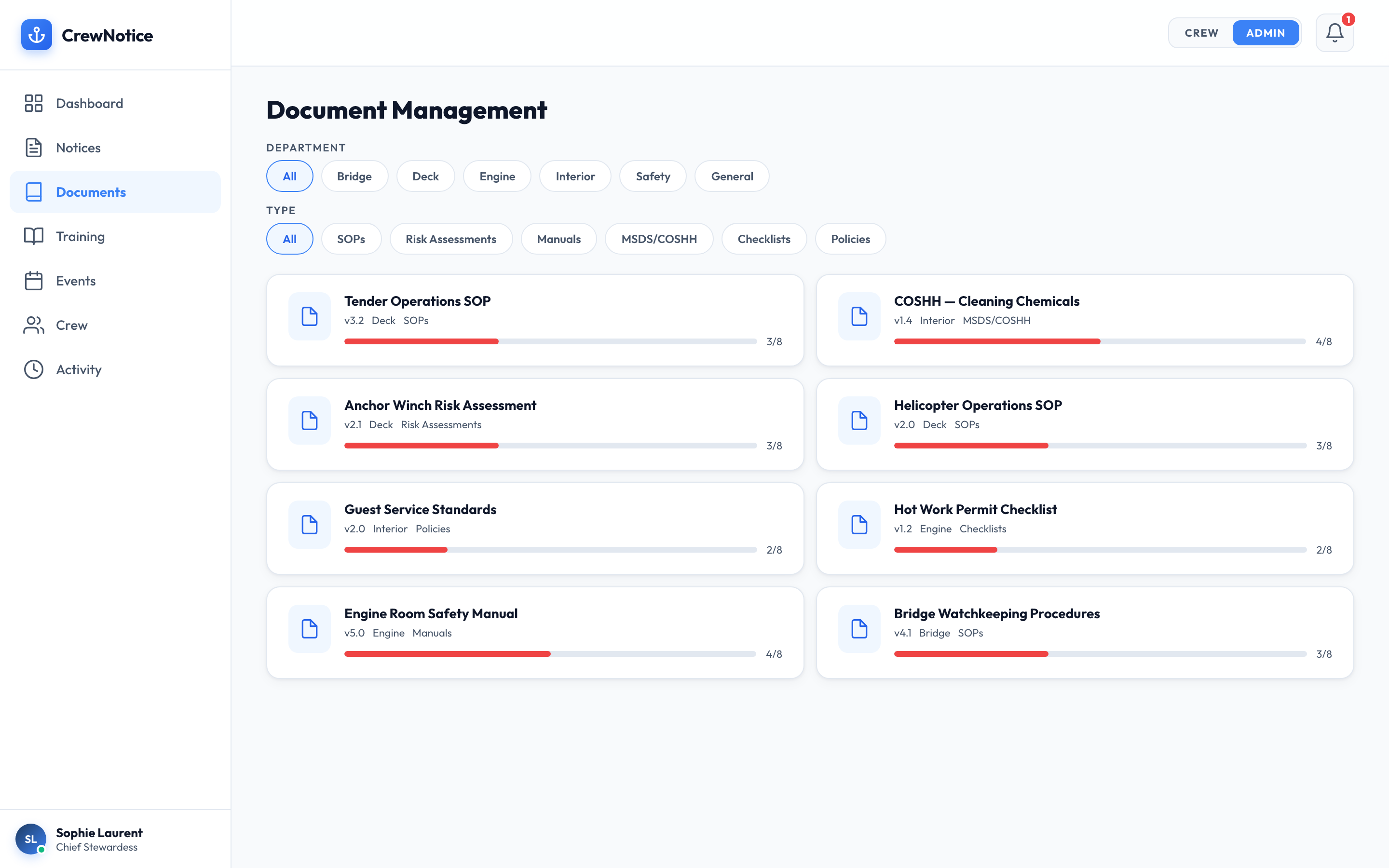 Document library with department and type filters, version numbers, and acknowledgement progress