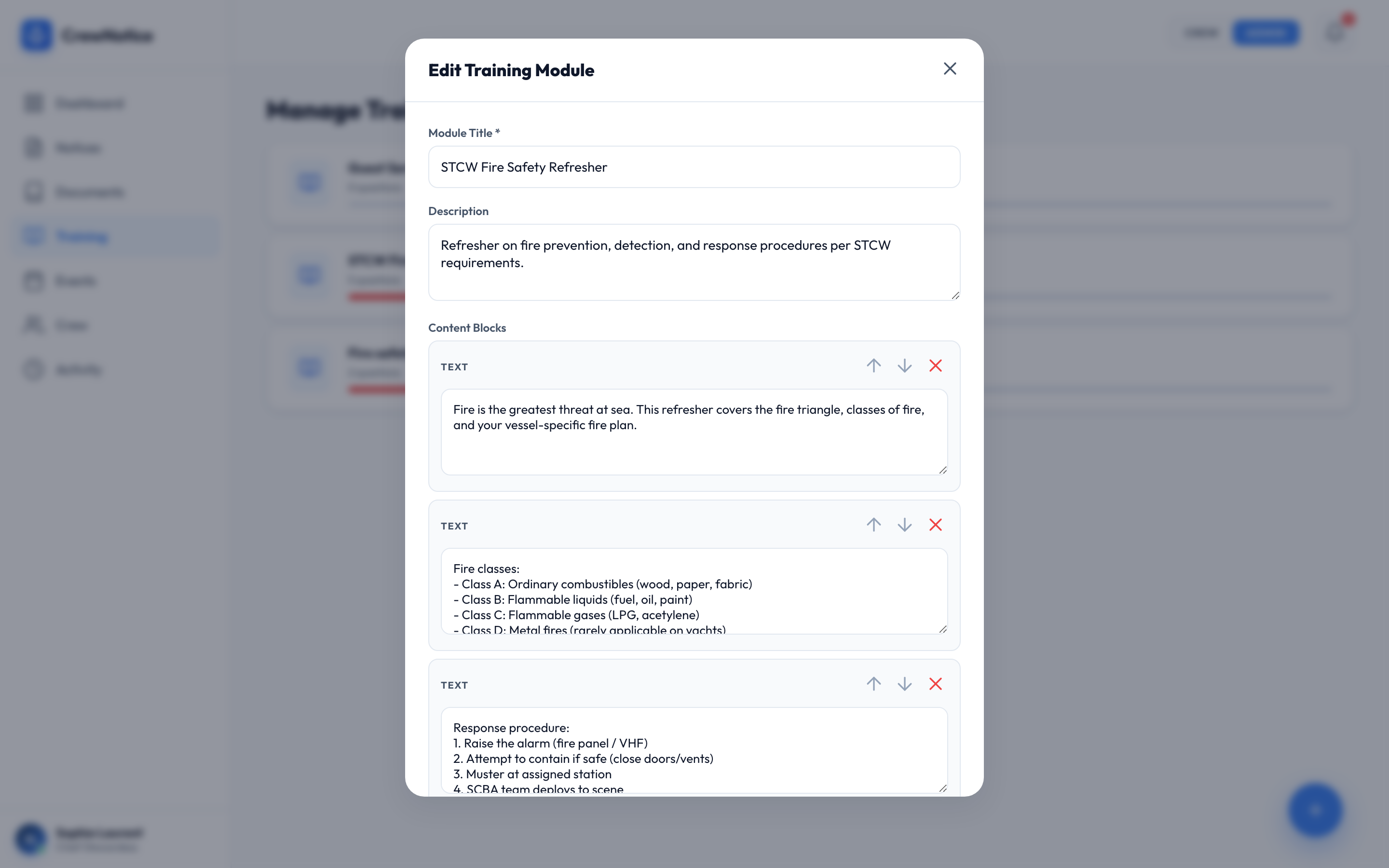 Training module editor with title, description, and drag-and-drop content blocks