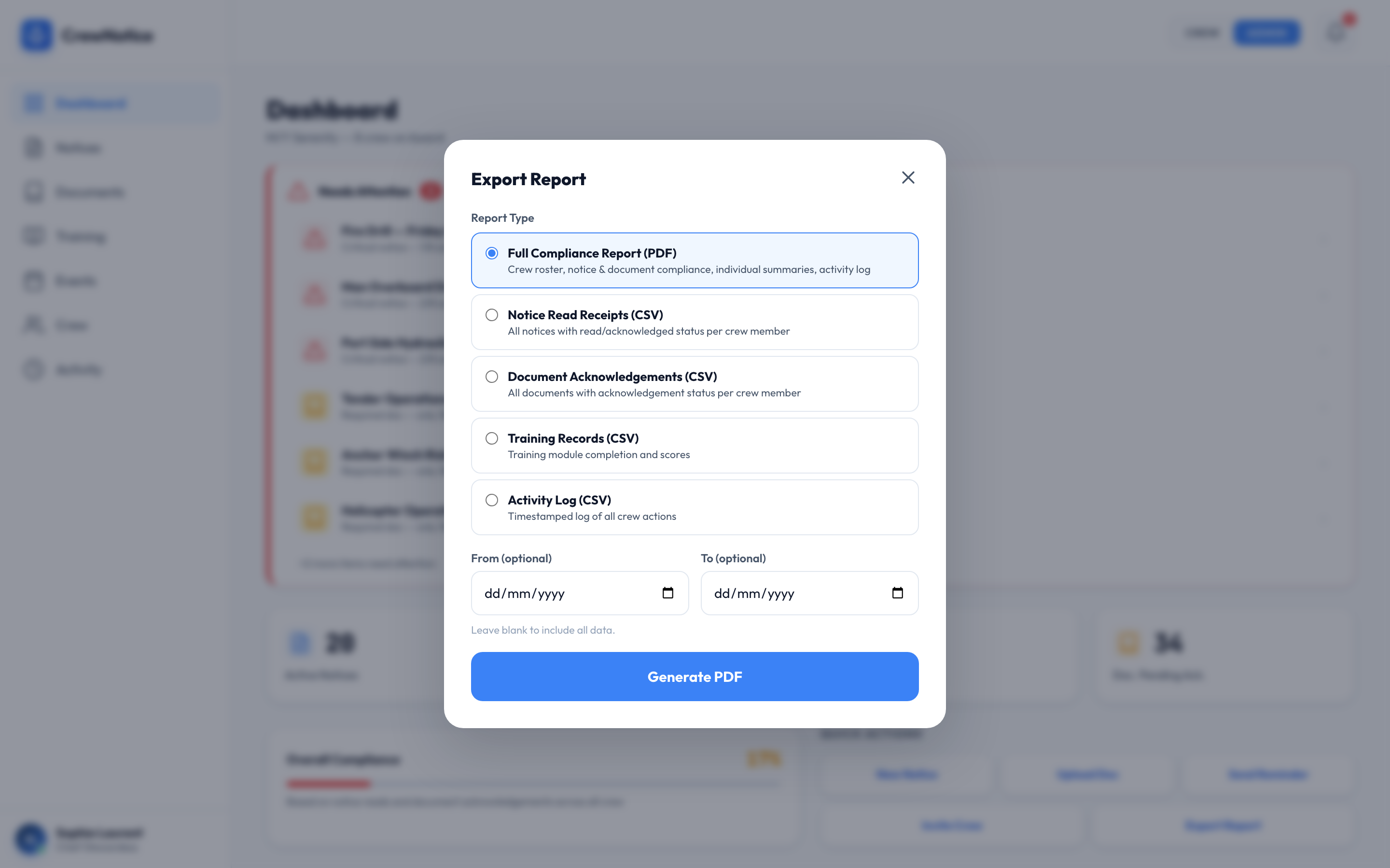 Export report dialog with PDF and CSV options for compliance, notices, and training records