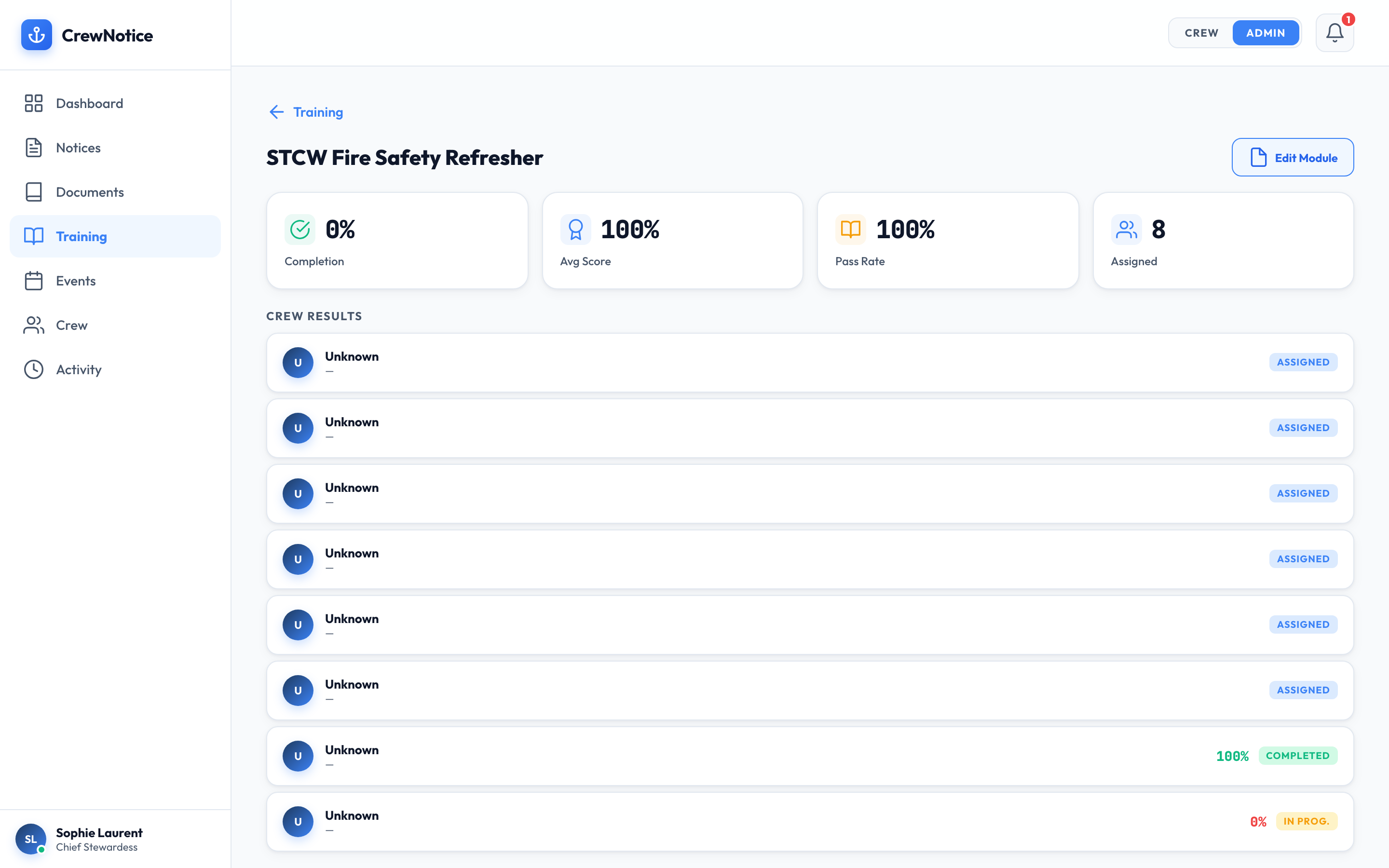Training module detail showing completion stats, pass rate, and per-crew results